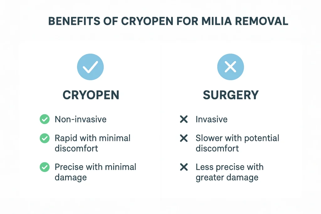Benefits of cryopen for milia removal Elstree Park compared to surgical treatments.