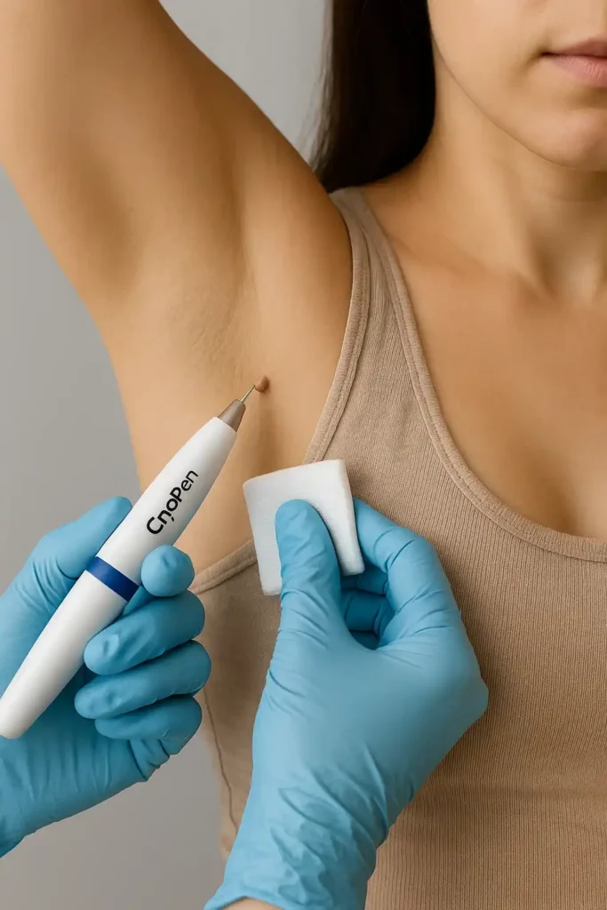 woman having cryopen to remove underarm skin tags Elstree Park