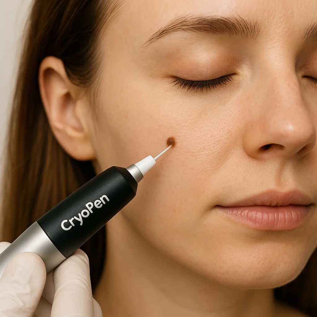 woman receiving facial mole removal Elstree Park using cryopen 
