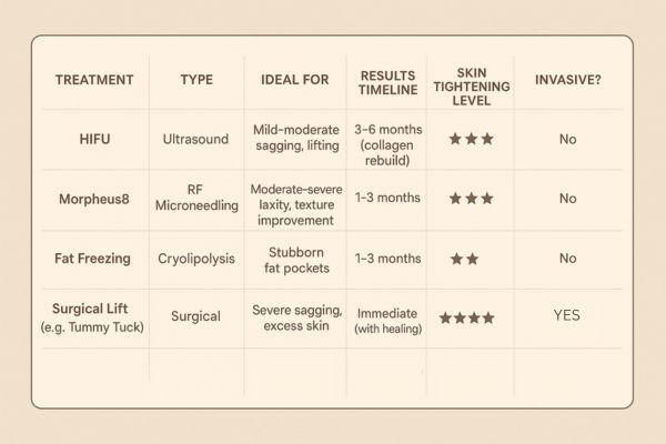 Table showing the comparisons of Skin tightening Elstree Park treatment options.